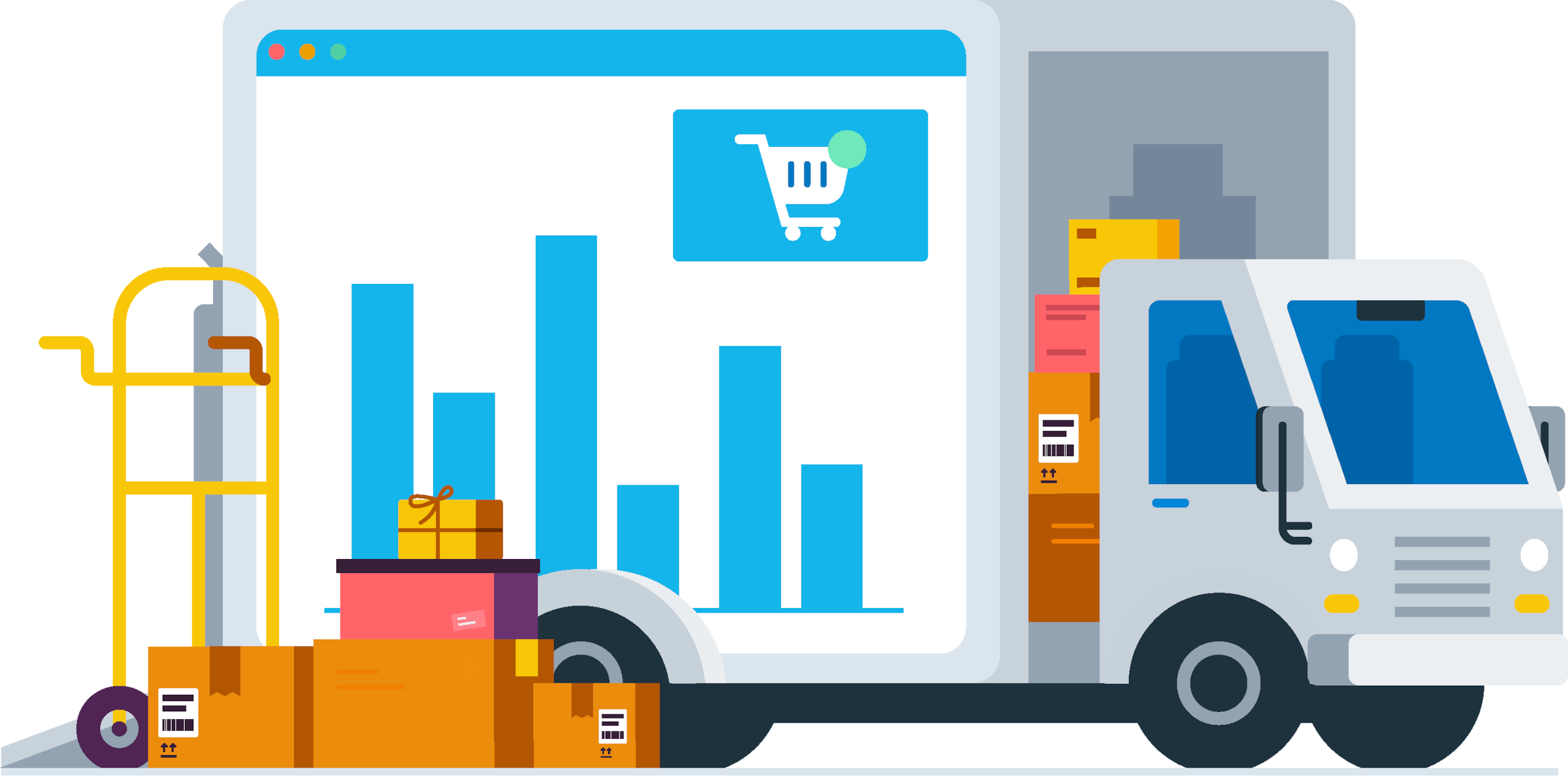Delivery truck, boxes, and digital dashboard with bar charts representing inventory tracking, stock control, and logistics